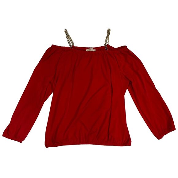 Michael Kors Womens Red Off Shoulder Blouse with Gold Chain Straps Size Large‎ - Picture 1 of 13